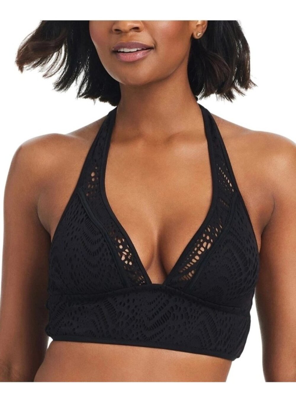 Bar III Women's S Black Goddess Crochet Halter Swim Top e1399